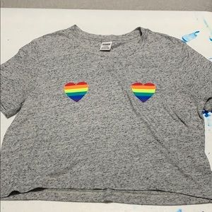 PINK Grey Crop with Rainbow Hearts